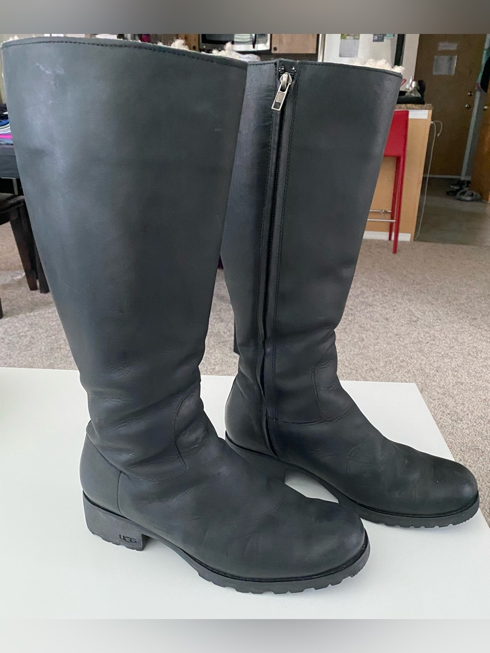 UGG Black Leather Knee-High Zip Heeled Boots